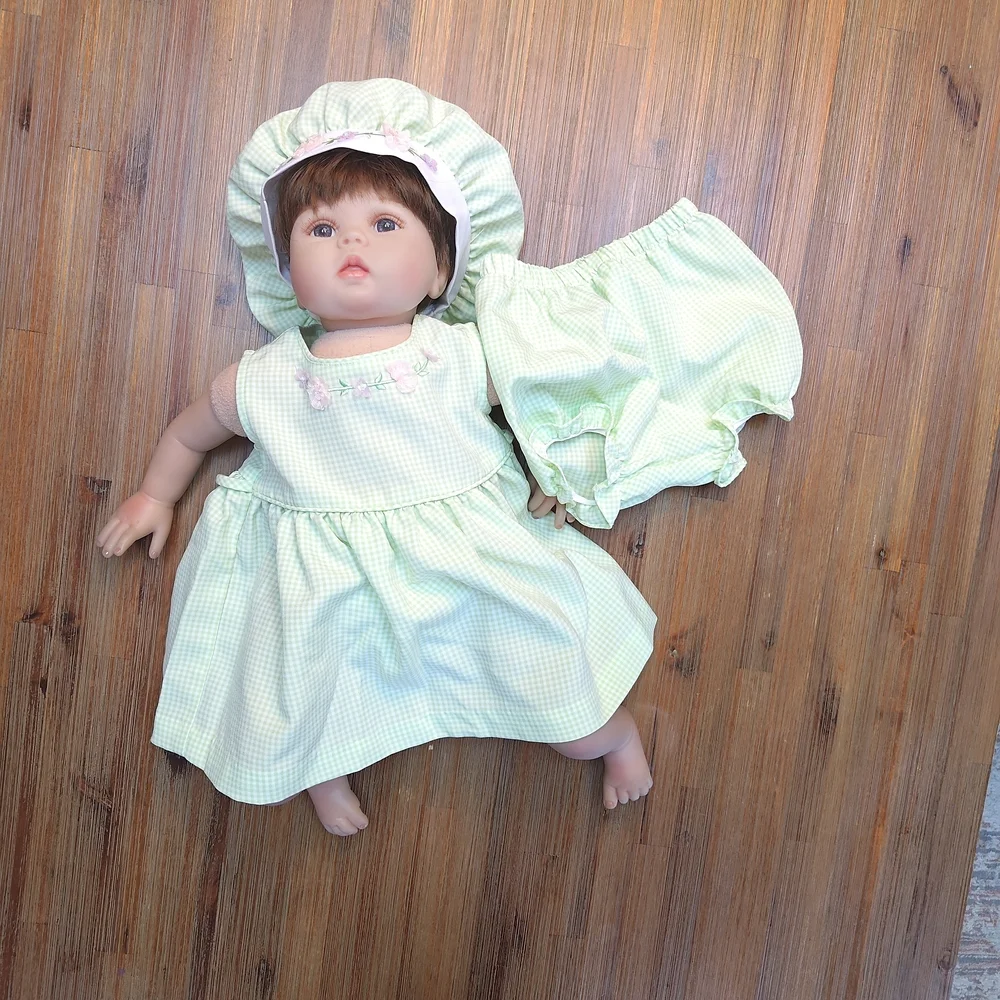 VTG Bonnie Baby Green Sleeveless Float Dress Set With Hat & Bloomers Size 3-6